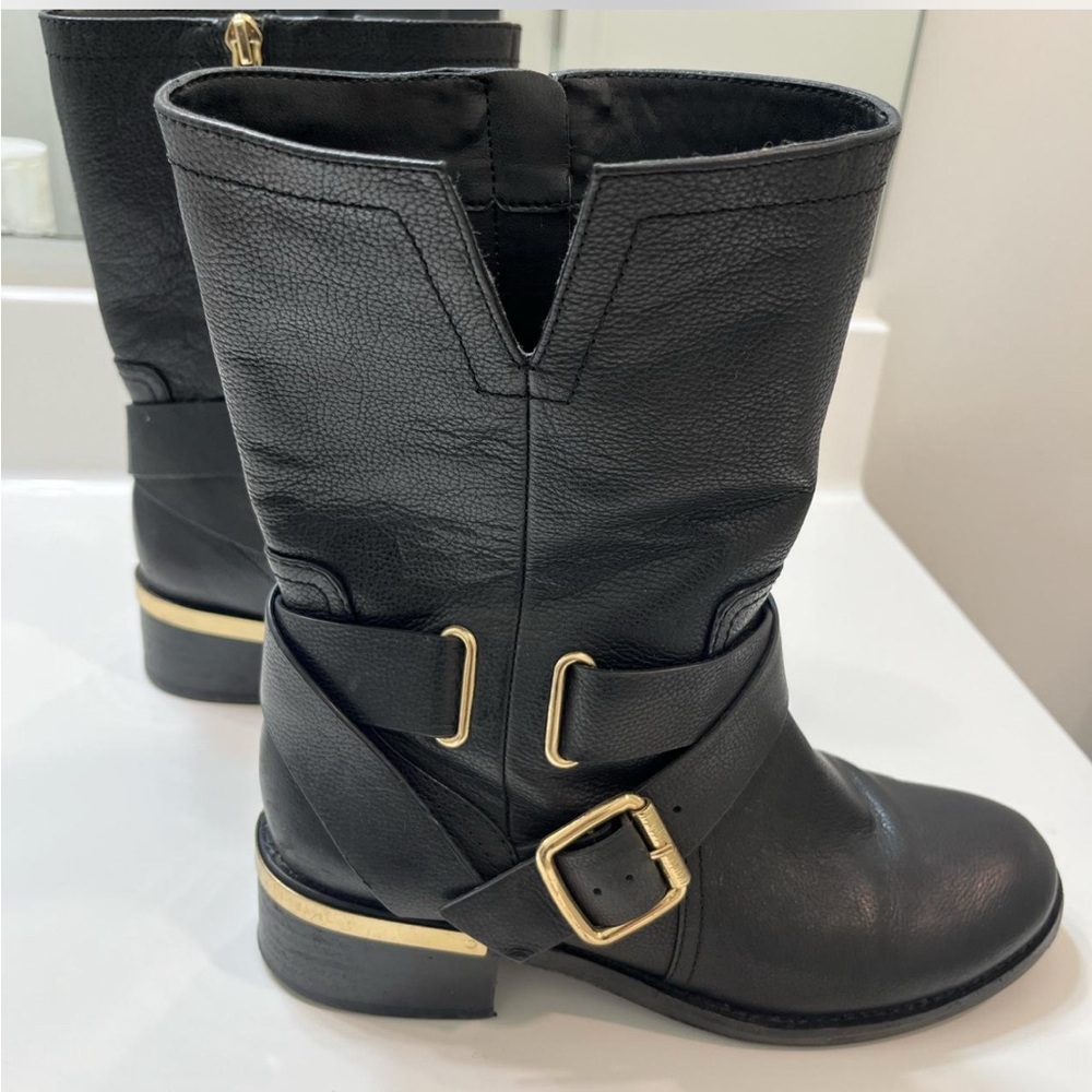 Vince Camuto Black Leather Moto Boots with Gold Accents